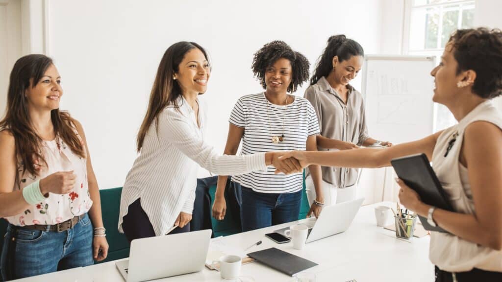 team meeting of 5 females